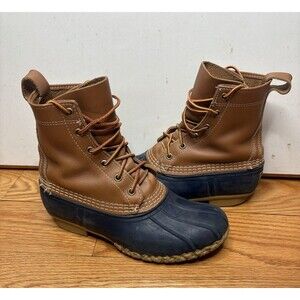 LL Bean Womens Duck Bean Boots 8” Tan Leather Navy Blue Maine USA Sz 7 M
